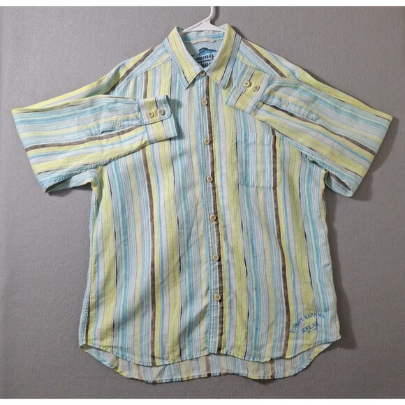 Tommy Bahama Relax Shirt Mens Large Blue Linen Striped Button Up Vacation - Picture 1 of 6